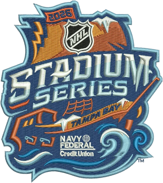 2026 NHL Stadium Series logo embroidery design shown stitched on fabric