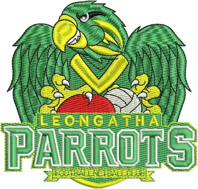 Leongatha Parrots Logo Embroidery Design embroidery design shown stitched on fabric
