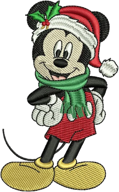 Stickdatei Mickey Mouse in a Santa Claus Hat and Scarf for Christmas Stickdatei auf Stoff gestickt
