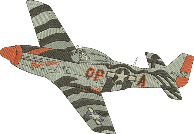 North American P-51 Mustang Fighter Aircraft Embroidery Design embroidery design shown stitched on fabric