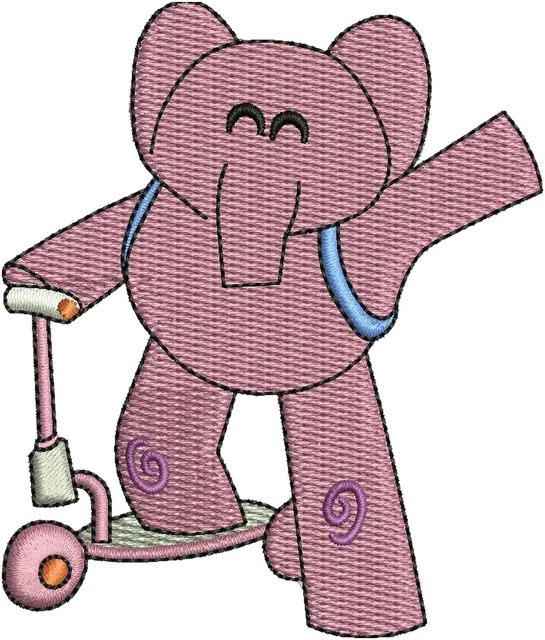 Pocoyo Elly Riding Scooter Embroidery Design embroidery design shown stitched on fabric