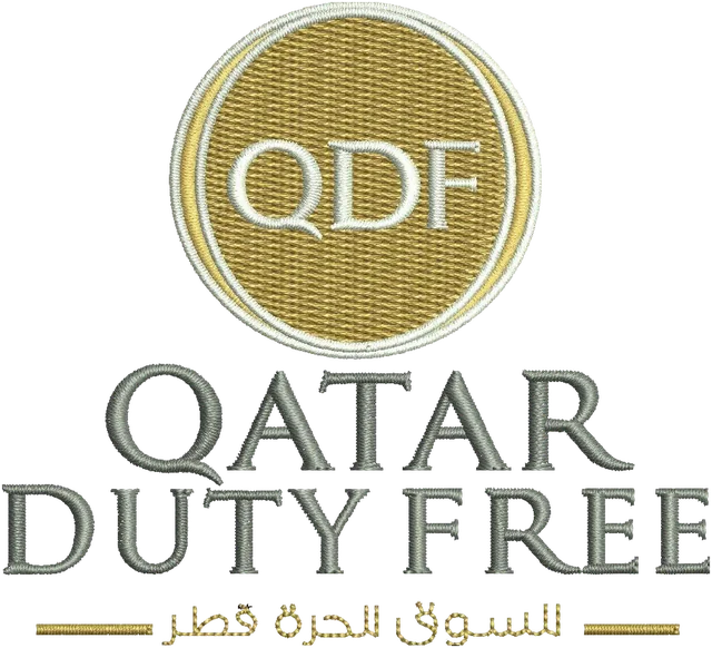 Qatar Duty Free Logo Embroidery Design embroidery design shown stitched on fabric