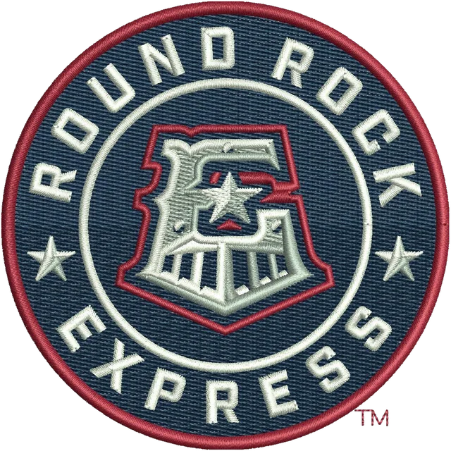 Round Rock Express Baseball Team Logo Embroidery Design embroidery design shown stitched on fabric