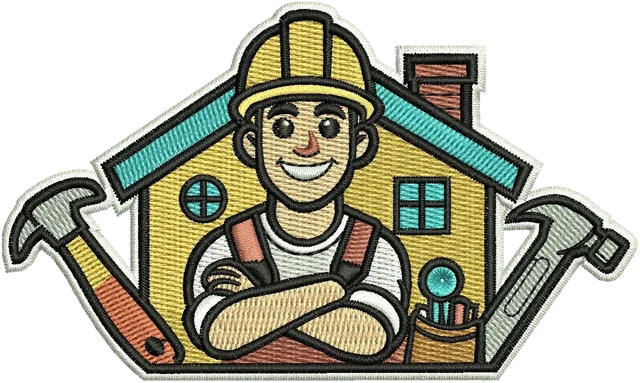 Stickdatei Smiling Cartoon Builder Stickdatei auf Stoff gestickt