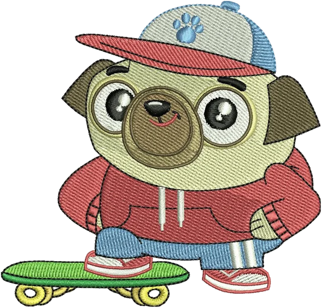 Spud on His Skateboard 2 Embroidery Design embroidery design shown stitched on fabric