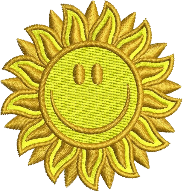 A Cute Cartoon Sun Smiling Embroidery Design embroidery design shown stitched on fabric