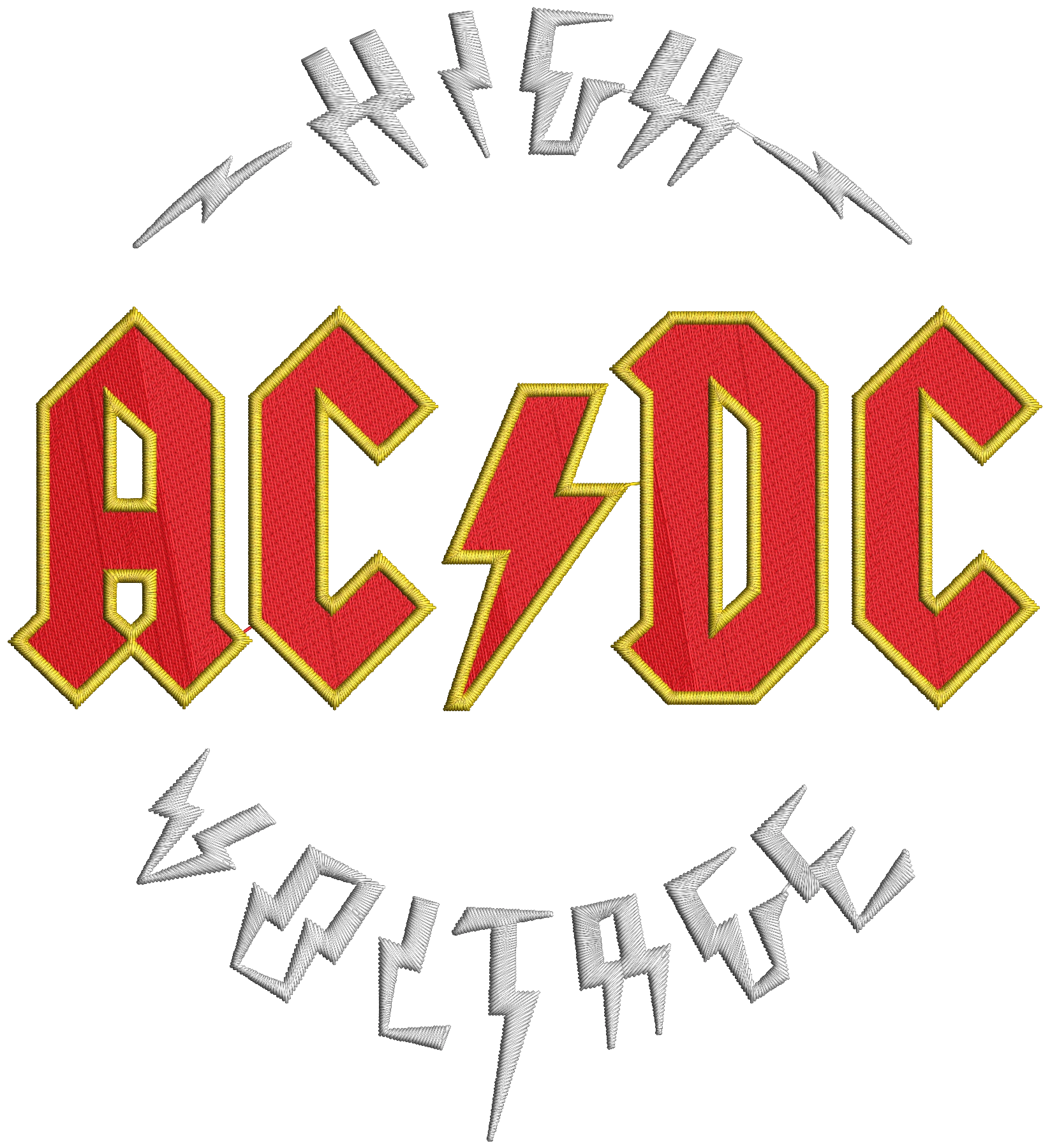 Motif de broderie AC DC High Voltage (en anglais) brodé sur tissu