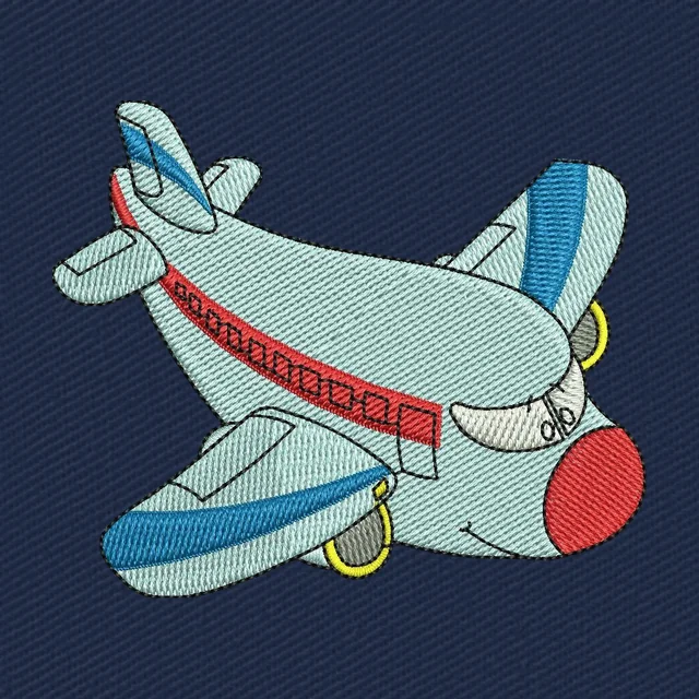 Diseño de bordado avión de pasajeros con alas azules