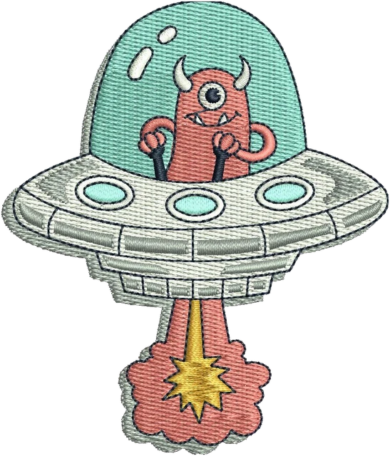 Red Alien Flying Saucer Blast Embroidery Design embroidery design shown stitched on fabric