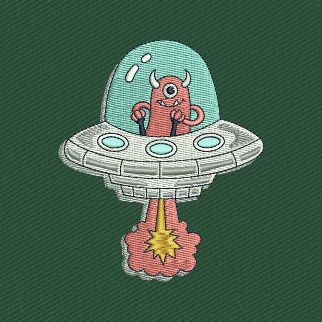 Diseño de bordado platillo volante con alienígena rojo