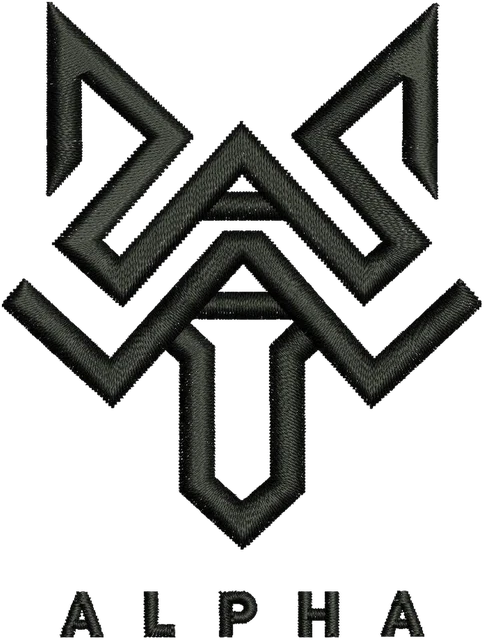 Stickdatei Alpha Cordova geometrisches schwarzes Logo Stickdatei auf Stoff gestickt