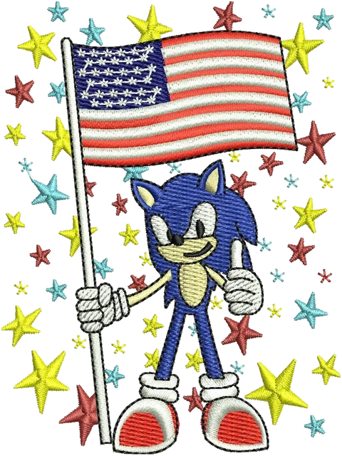 Motif de broderie Drapeau des États-Unis avec Sonic brodé sur tissu