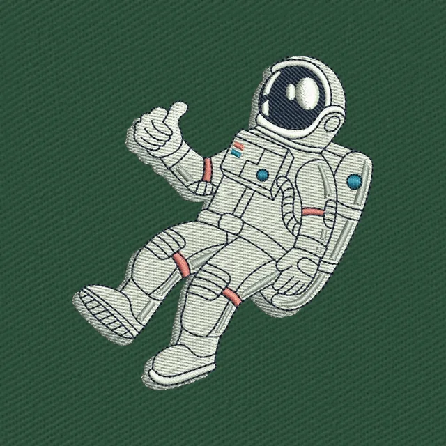 Diseño de bordado astronauta flotando con pulgar arriba