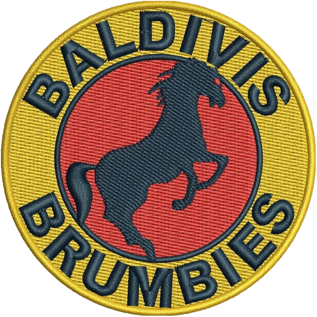 Baldivis Brumbies round horse crest embroidery design shown stitched on fabric