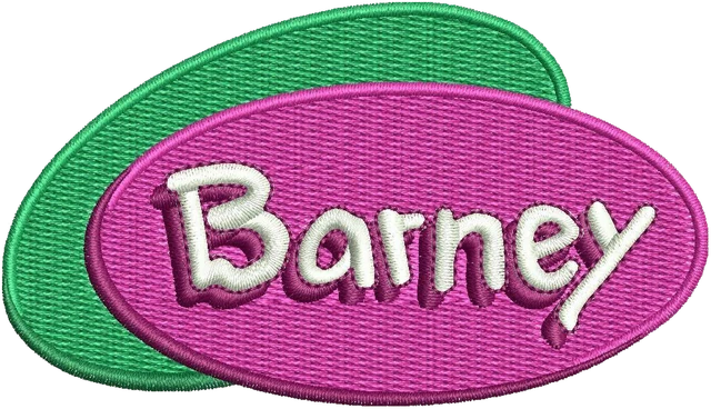 Barney oval wordmark embroidery design shown stitched on fabric