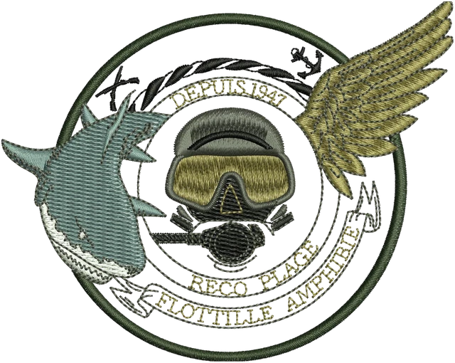 BEACH RECO AMPHIBIOUS FLOTILLE Diver Commando Swimmer Logo Embroidery Design embroidery design shown stitched on fabric