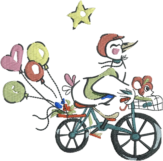 Diseño de bordado Pájaro en bicicleta con globos sobre tela