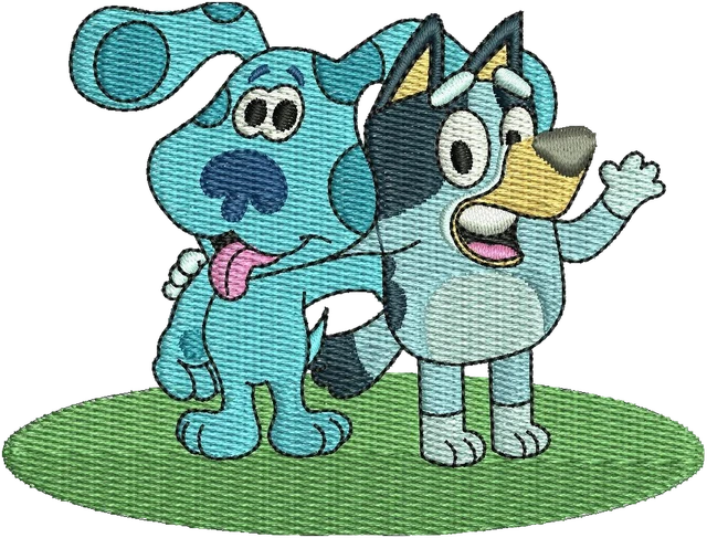 Stickdatei Blue and Bluey Cartoon Stickdatei auf Stoff gestickt