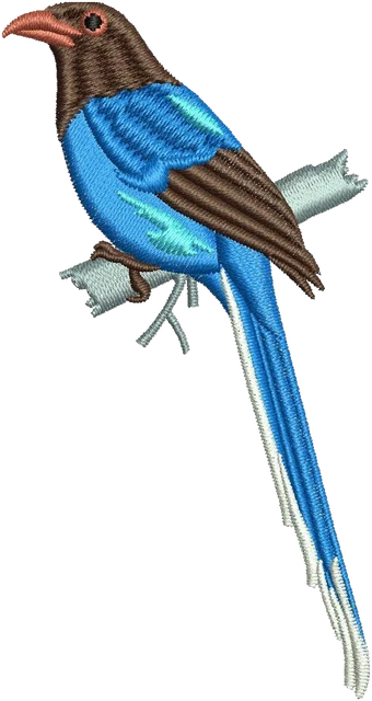 Stickdatei Blaue Elster mit langem Schwanz Stickdatei auf Stoff gestickt