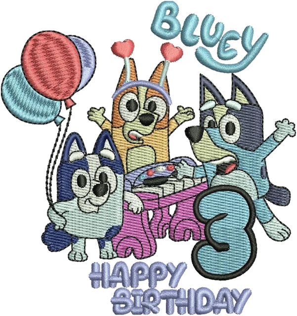 Ricamo Gruppo Bluey Buon Compleanno su tessuto