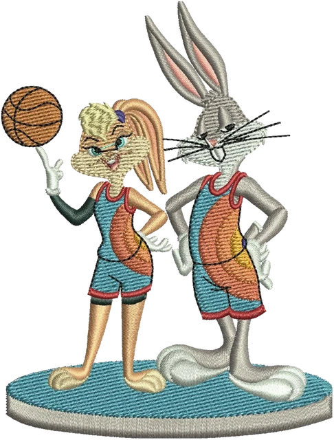 Ricamo Bugs Bunny e Lola Bunny a basket su tessuto