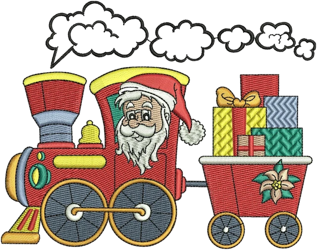Stickdatei Weihnachtsmann im Zug mit Geschenken – Stickdatei auf Stoff gestickt