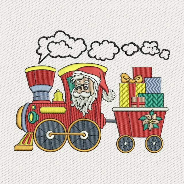 Bordado de Papá Noel en tren con regalos de Navidad