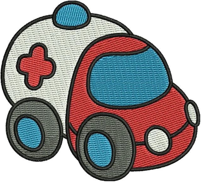 Cute Red Cartoon Ambulance embroidery design shown stitched on fabric