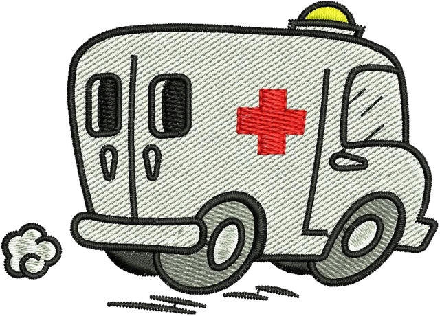 White Cartoon Ambulance in Motion embroidery design shown stitched on fabric