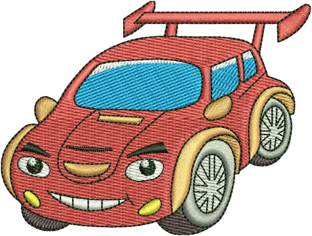 Smiling Red Cartoon Racing Car embroidery design shown stitched on fabric