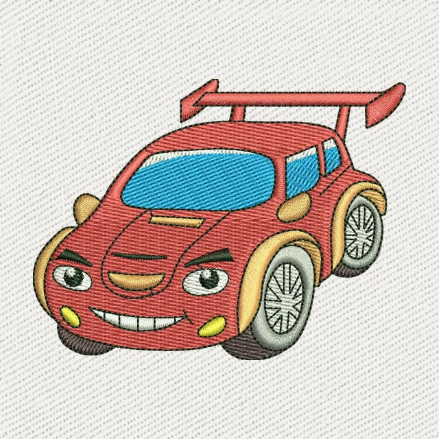 Lächelndes rotes Cartoon-Rennauto Stickdatei