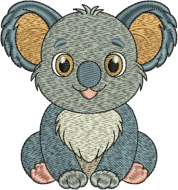 Cute Grey Cartoon Koala embroidery design shown stitched on fabric
