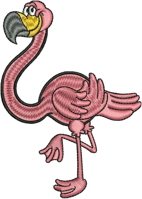 Stickdatei Stehender rosa Flamingo Cartoon Stickdatei auf Stoff gestickt