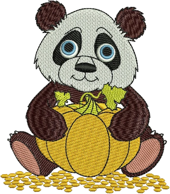 Blue-Eyed Panda Holding a Pumpkin embroidery design shown stitched on fabric