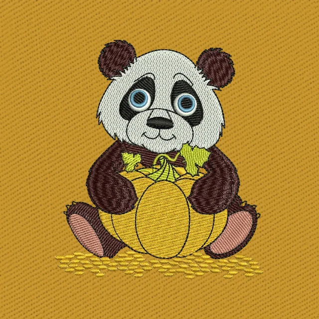 Panda de ojos azules sujetando una calabaza