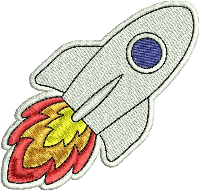 Stickdatei Cartoon-Rakete mit roter Flamme Stickdatei auf Stoff gestickt