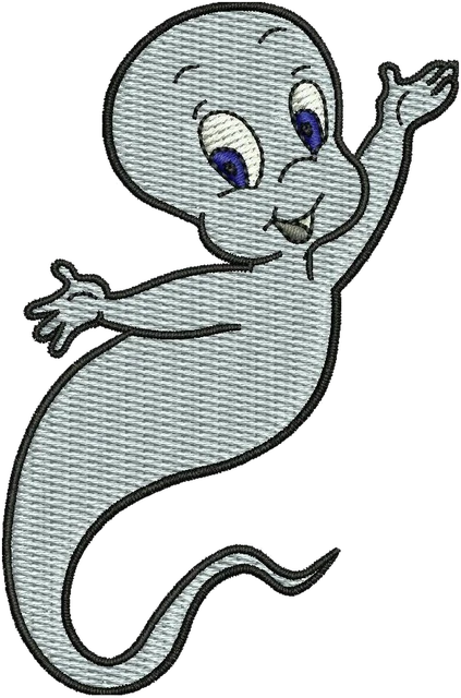 Casper with Blue Eyes and a Curled Tail embroidery design shown stitched on fabric