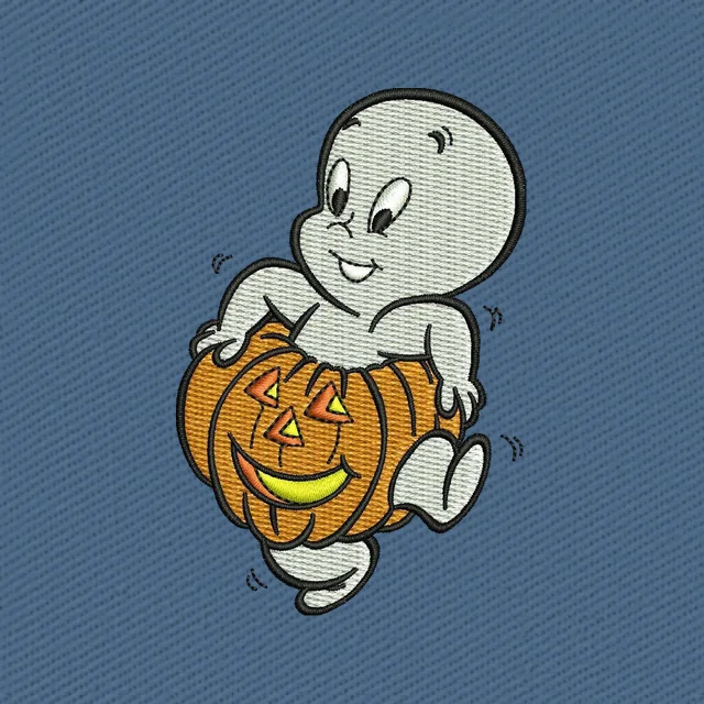 Casper con una calabaza sonriente de Halloween
