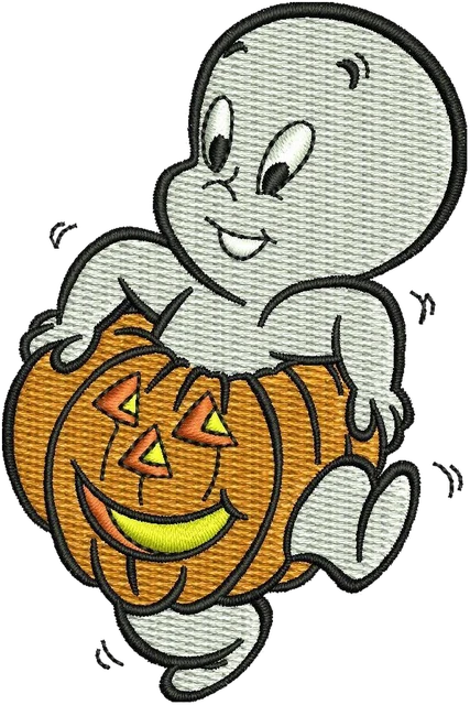 Casper Holding a Smiling Halloween Pumpkin embroidery design shown stitched on fabric