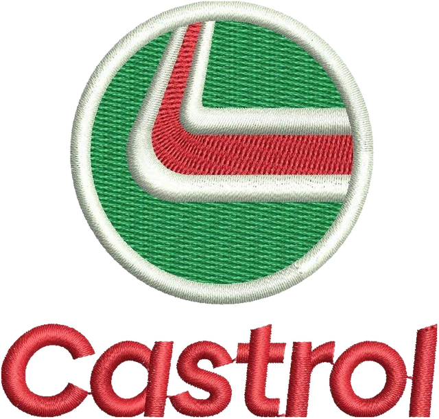 Stickdatei Castrol modernes Rundlogo Stickdatei auf Stoff gestickt