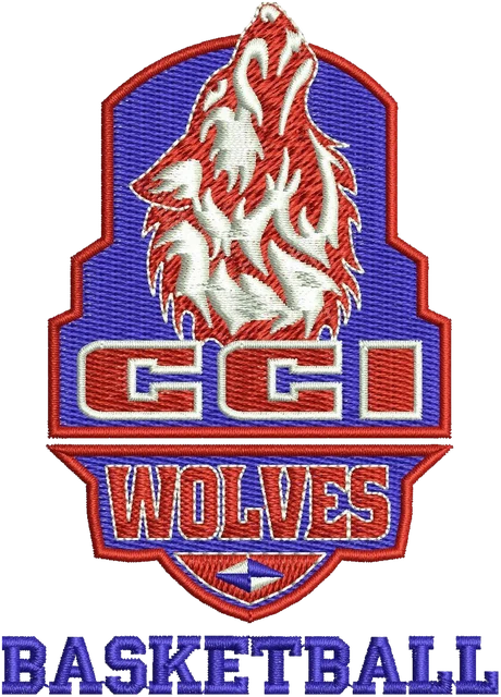 CCI Wolves Basketball Shield embroidery design shown stitched on fabric