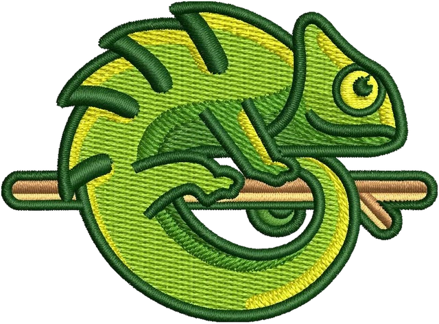 Motif de broderie Motif de broderie Caméléon enroulé sur une branche brodé sur tissu