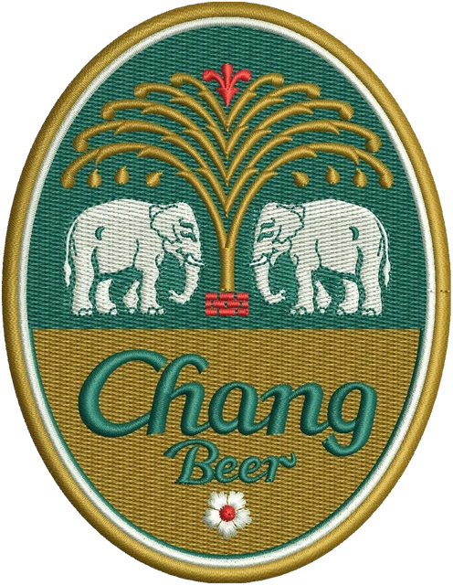 Motif de broderie Logo ovale Chang Beer aux éléphants blancs brodé sur tissu