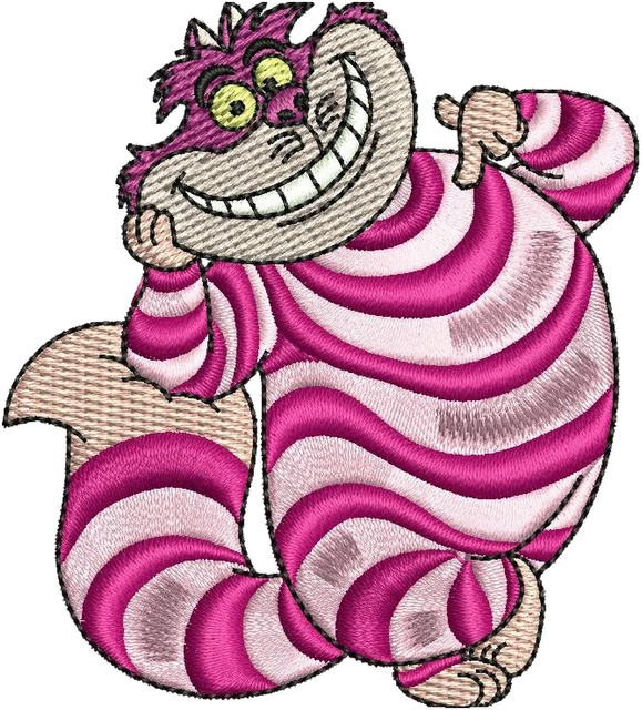 Diseño de bordado Diseño de bordado Gato de Cheshire sentado de dibujos animados sobre tela