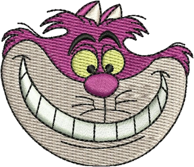 Grinning Cheshire Cat Face embroidery design shown stitched on fabric