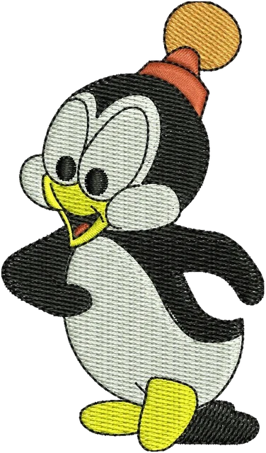 Chilly Willy Walking in Orange Pom-Pom Hat embroidery design shown stitched on fabric