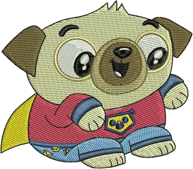 Spud Chip and Potato Superhero Puppy Embroidery Design embroidery design shown stitched on fabric