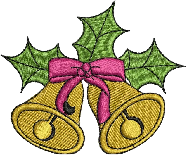 Golden Christmas Bells with Holly and Bow embroidery design shown stitched on fabric