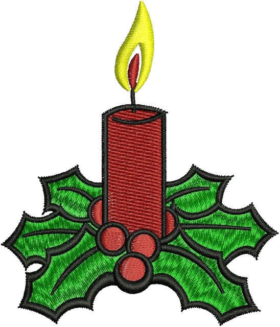 Stickdatei Rote Weihnachtskerze mit Stechpalme auf Stoff gestickt