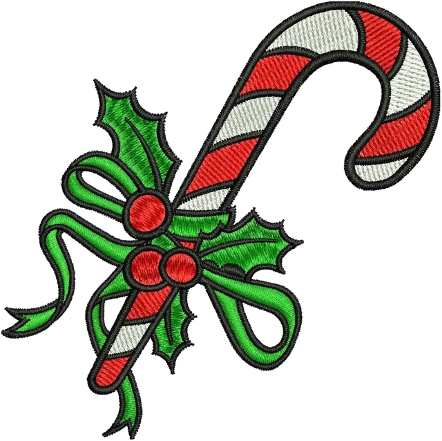 Striped Candy Cane with Holly and Green Bow embroidery design shown stitched on fabric